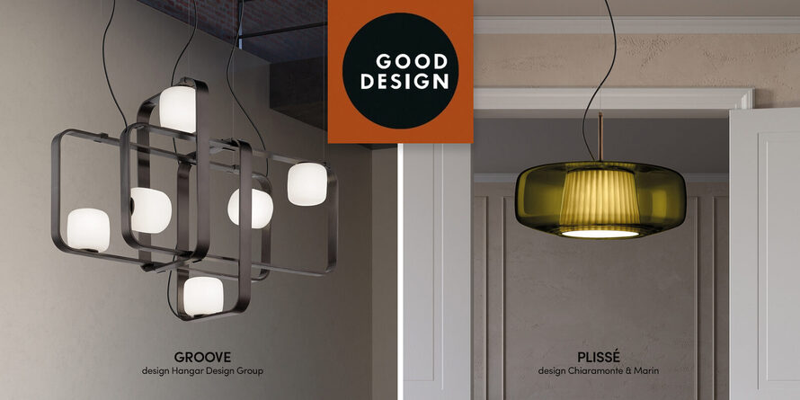 Groove Leuchte und Plissé Pendelleuchte neben dem Good Design Zeichen